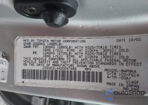 2002 Toyota Highlander V6 z USA, uszkodzony, nr VIN JTEHF21AX20047488